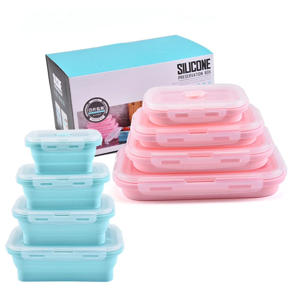 

4 Pcs Portable Bowl Colorful Food Container Lunchbox 350/500/800/1200ml Eco-Friendly Silicone Rectangular Folding Lunch Box