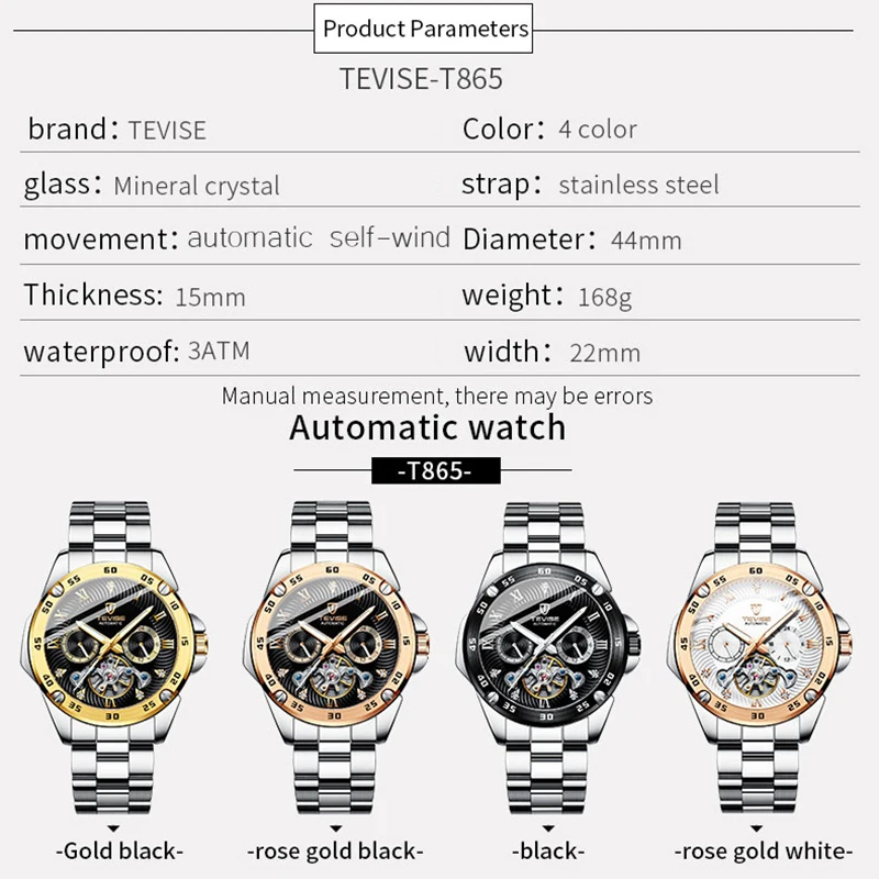 

TEVISE Man Watch Waterproof Automatic Tourbillion Clock Top Brand Luxury Sport Men Wrist Watch Stainless Steel reloj hombre