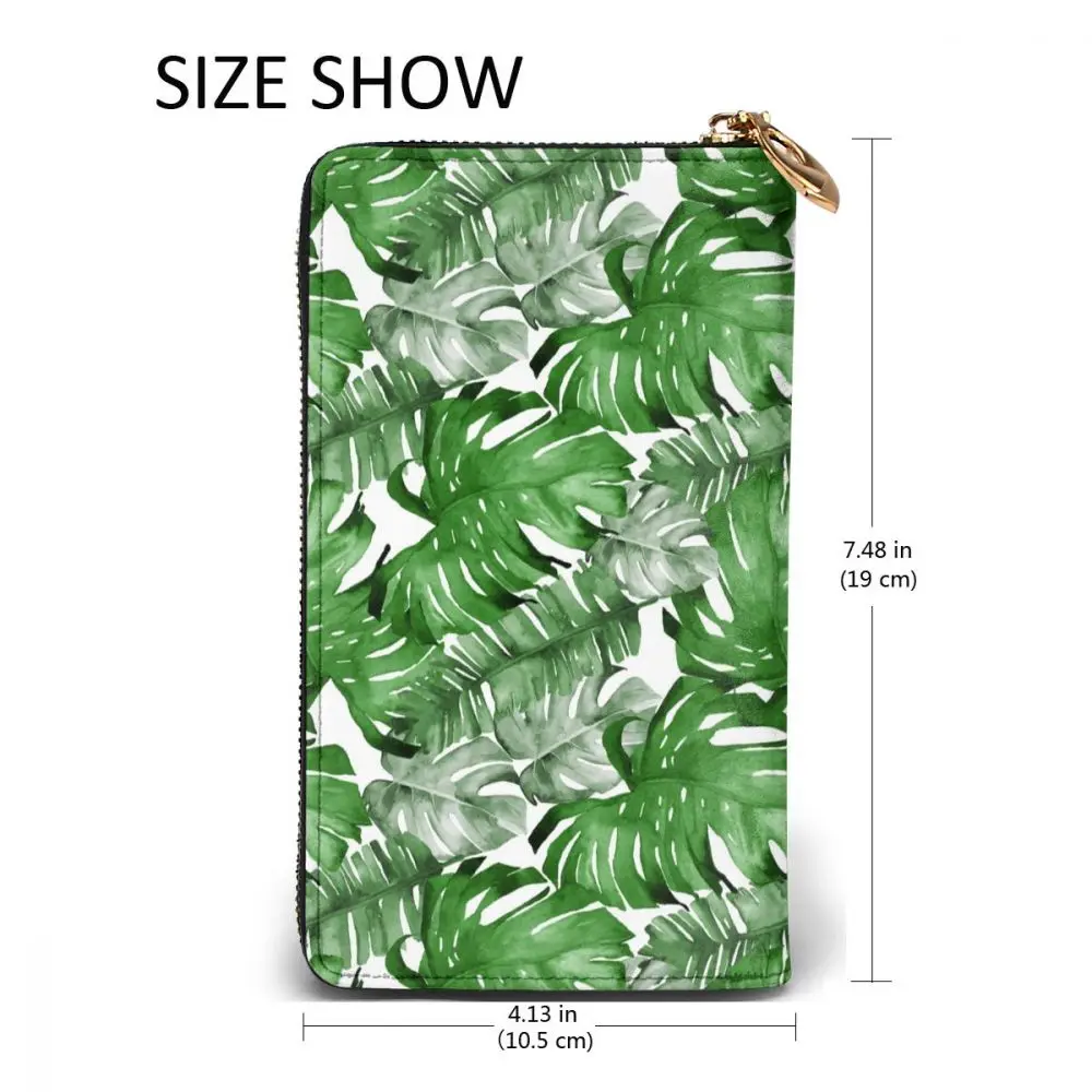 

2021 Fashion Long Leather Wallets Tropical Leaves Watercolor Pattern Unisex Classic Purse Zipper Wallet with Card Holder