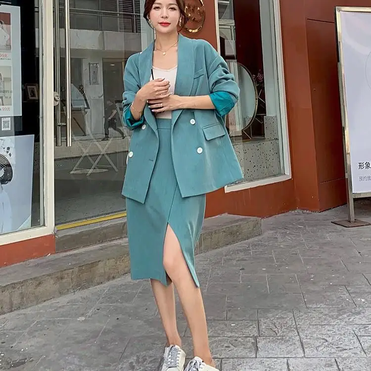 Элегантный отложной воротник куртка Высокая талия юбка костюм Женский Длинный