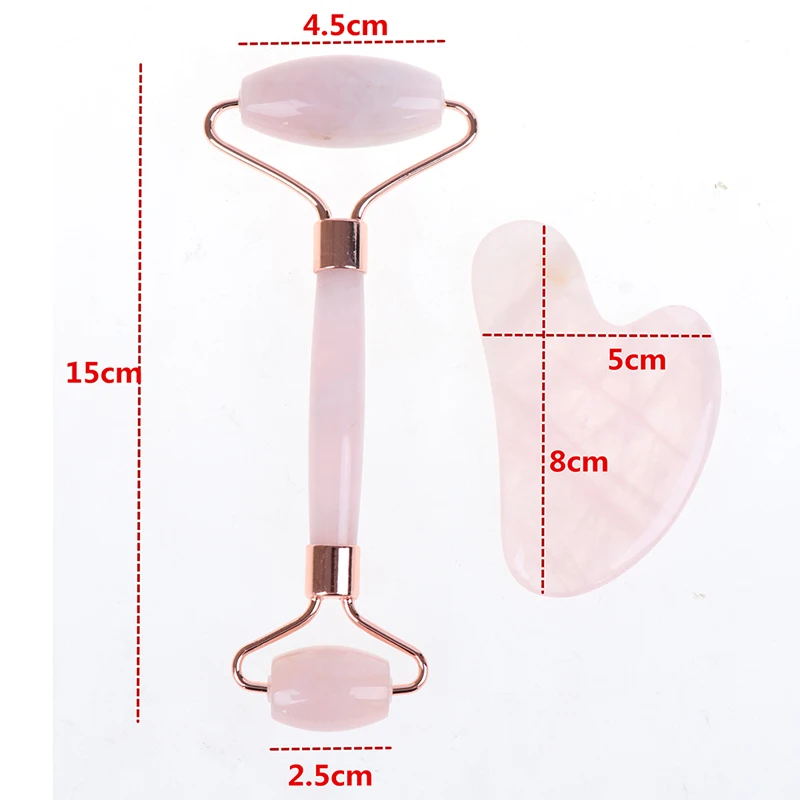 

1set Facial Massage Roller + Guasha Board Double Heads Pink Jade Stone Face Lift Body Skin Relaxation Slimming Massager