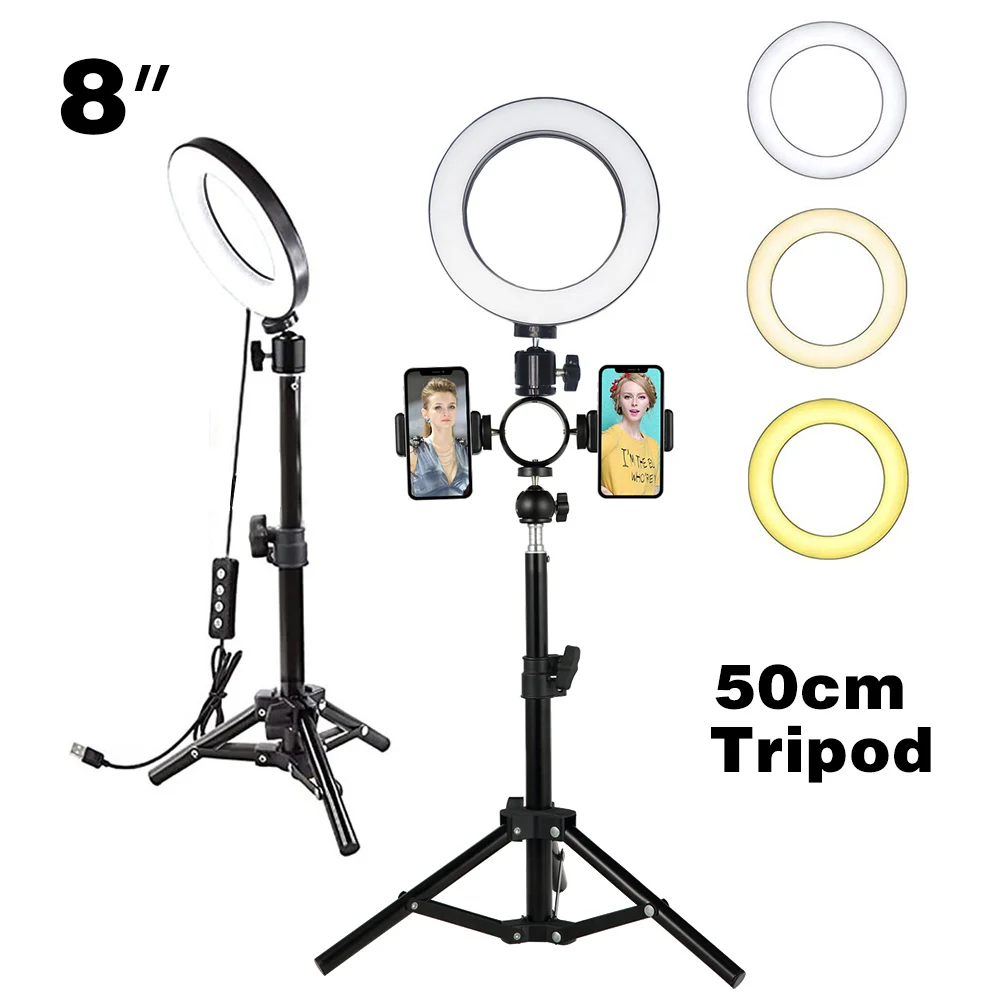Кольцевой светильник 8 дюймов с зеркалом 2 держателя для телефона и 0 5 м