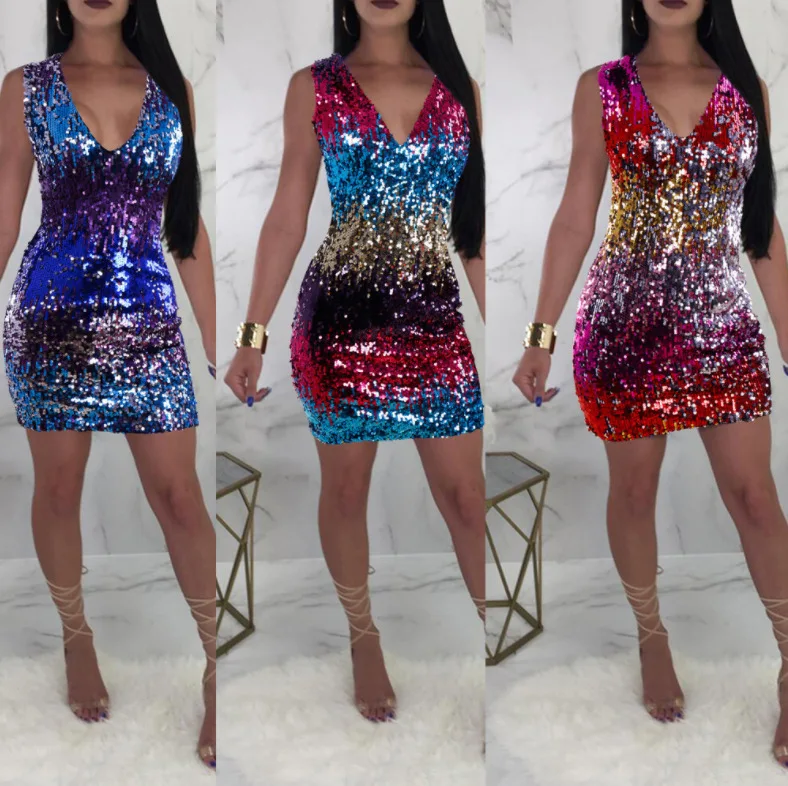 

SKMY 2021 New Sexy V-Neck Sleeveless Dress Slim Bodycon Gradient Color Patchwork Sequin Evening Party Club Dress Women