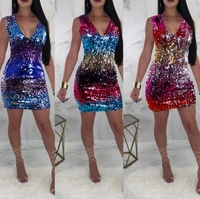 skmy 2021 new sexy v neck sleeveless dress slim bodycon gradient color patchwork sequin evening party club dress women