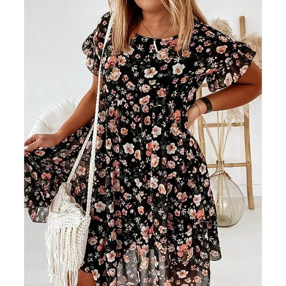 

Casual Ruffles Loose V-Neck Dress Women Summer Short Sleeve Floral Print Woman Dress Plus Size 2021 Fashion White Beach Dresses