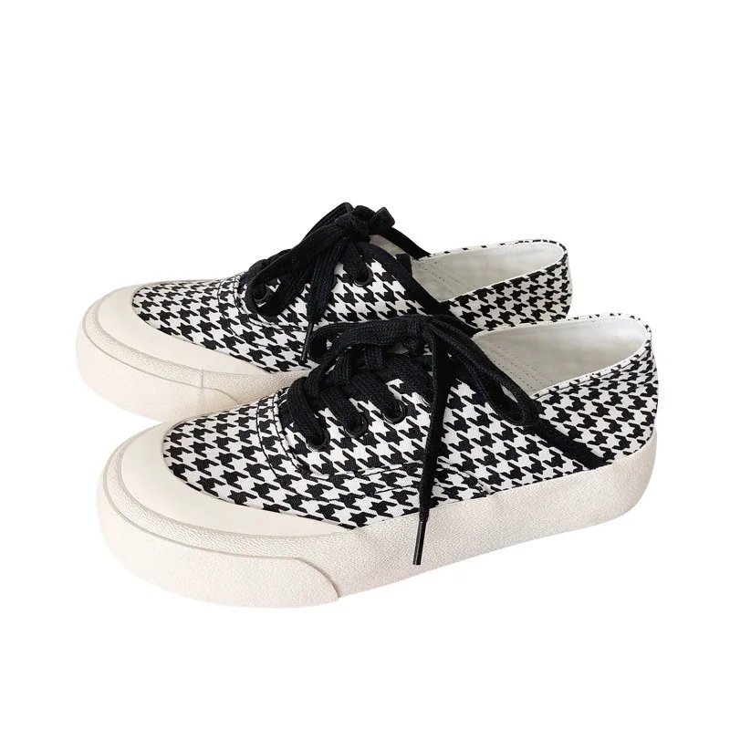 

Retro Canvas Shoes Women Summer Houndstooth Casual Shoes Women Students Two Wear Lace-up Low-top Board Shoes Women
