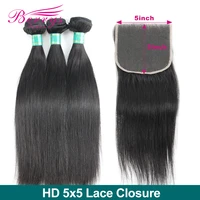 5x5 hd transparent lace closure with bundle brazilian straight 3 bundles with closure can be dye and bleached any color