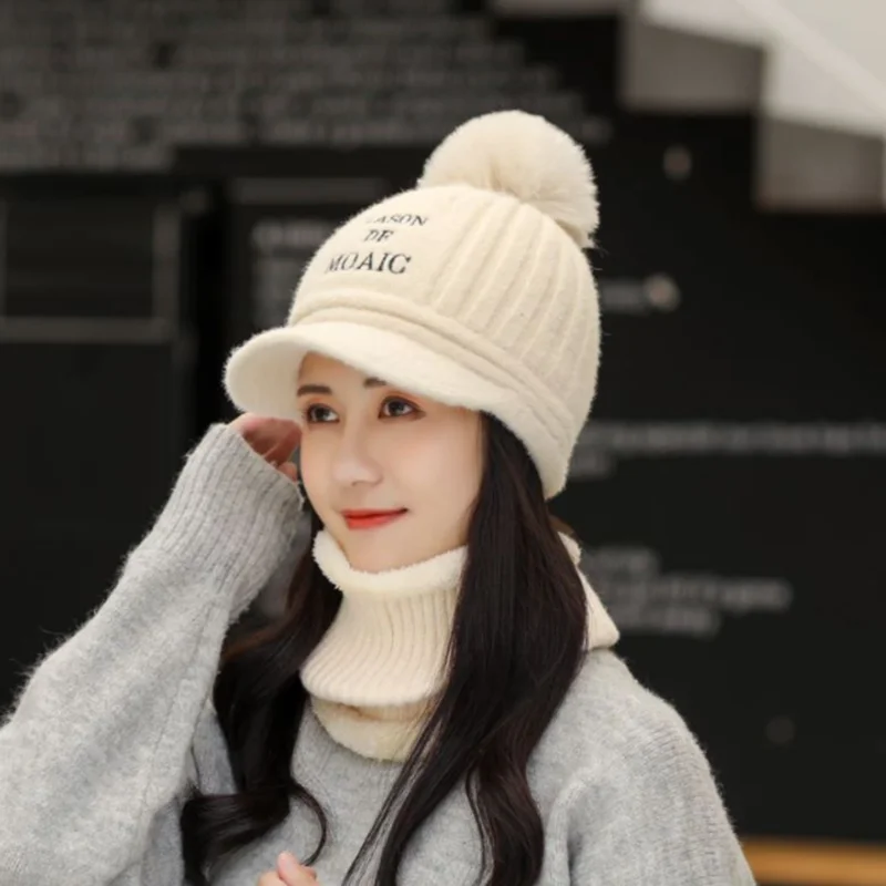 Женская вязаная шапка шарф маска комплект мягкая теплая флисовая зимняя Лыжная с