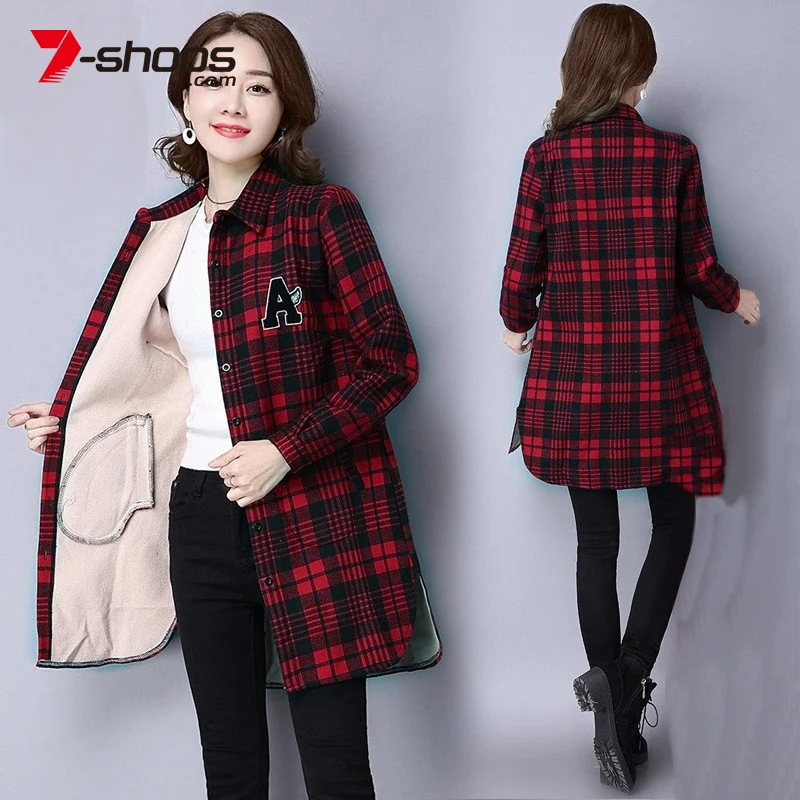 AECU Winter Shirts Warm Tops Women Long Sleeve Velvet Thick Shirt Long Outerwear Female Turn-down Collar Plaid Thicken Blouse