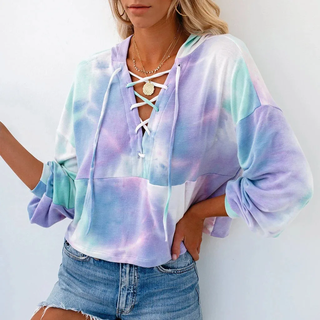 new women sweetshirts Casual Tie-Dye Printed Long Sleeve Pullover Hooded Drawstring clothes for women sudadera mujer