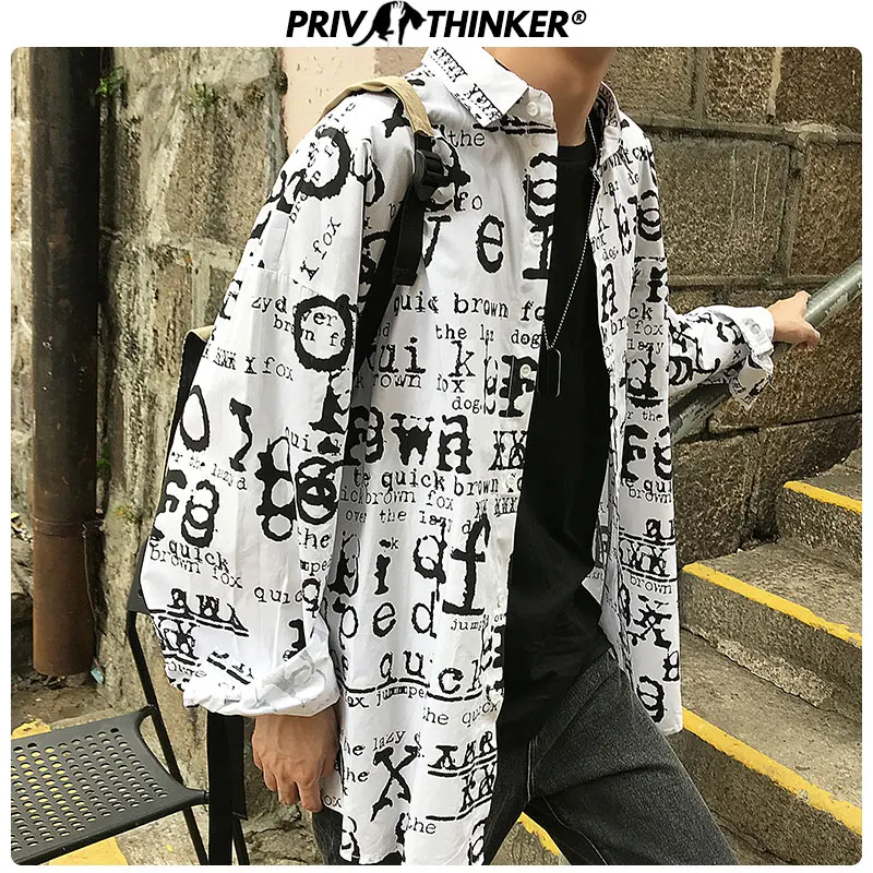 Мужская винтажная рубашка Privathinker с буквенным принтом Повседневная длинным
