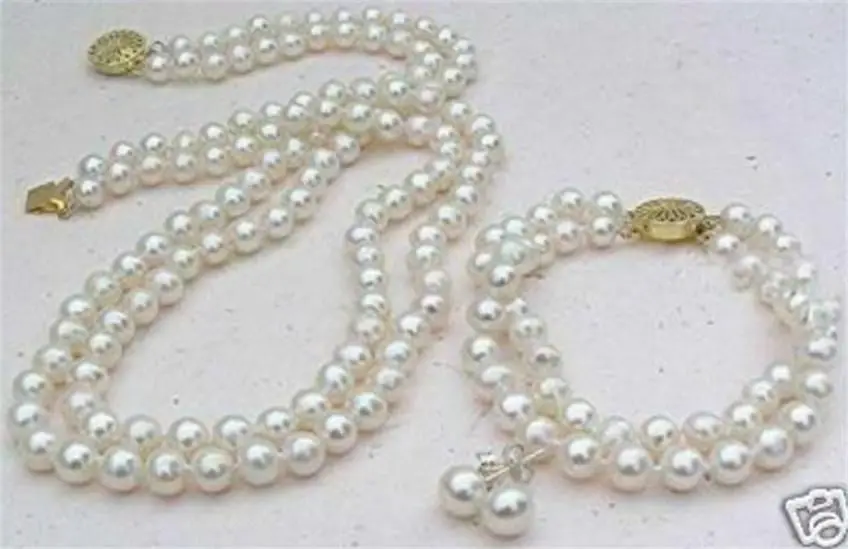 

2 Rows White 8mm Akoya Cultured Shell Pearl Necklace Bracelet Earring Set AAA01