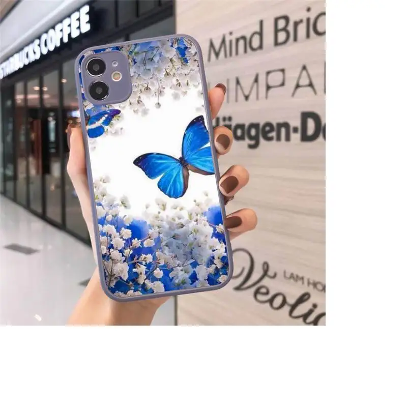 

Bling blue butterfly Phone Case matte transparent For gray iPhone 7 8 x xs xr 11 12 pro plus max mini Funda Clear
