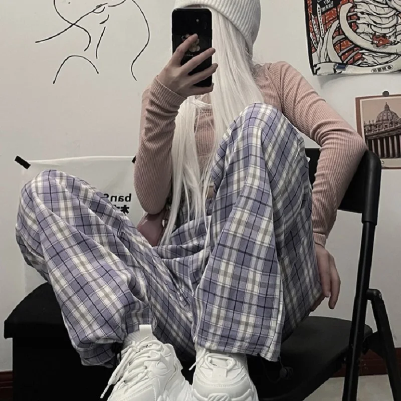 

HOUZHOU Summer Purple Plaid Pants Women Korean Style Wide Leg Pants Harajuku Checked Trousers Loose Gothique Pants Women Baggy