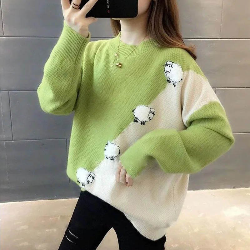 

Джемпер JCHB Женский вязаный, Свободный пуловер с милым рисунком овцы, свитер в Корейском стиле, вязаный джемпер контрастных цветов для школы,...