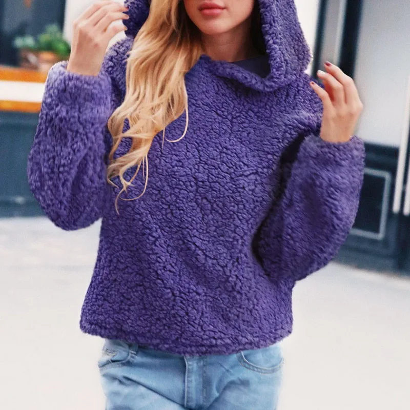 Женские Модные Зимние флисовые плюшевые теплые толстовки с капюшоном однотонные