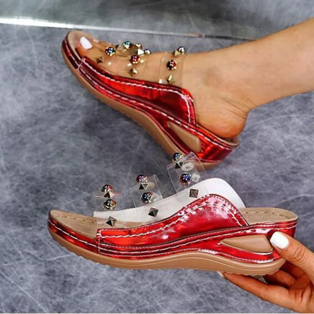 

Womens Transparent Sandals Summer Beach Shoes Flip-Flops Open Toe Rhinestone Casual Beach Shoes Flats Bohemian Sandals