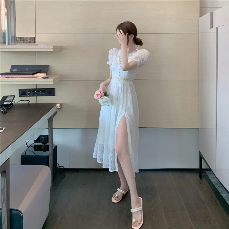 

Fairy Dress Lady French Style Gentle Embroidered Lace Temperament Midi Dress High Waist Slimming Short Sleeve V-neck Slit Dress