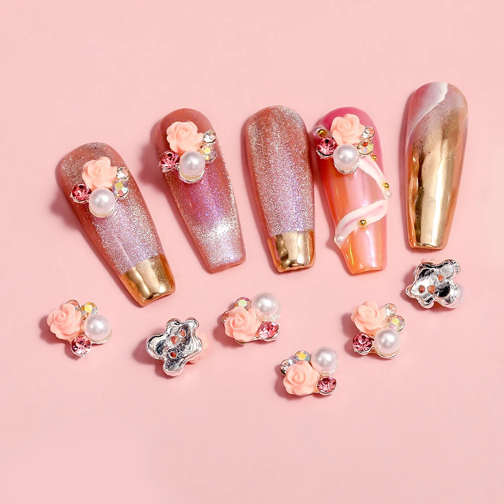 

10pcs/pack Creative Nail Art Accessories Mini Resin Rose Pearl Rhinestone Alloy Diamond White Red Pink DIY Nail Art Decoration
