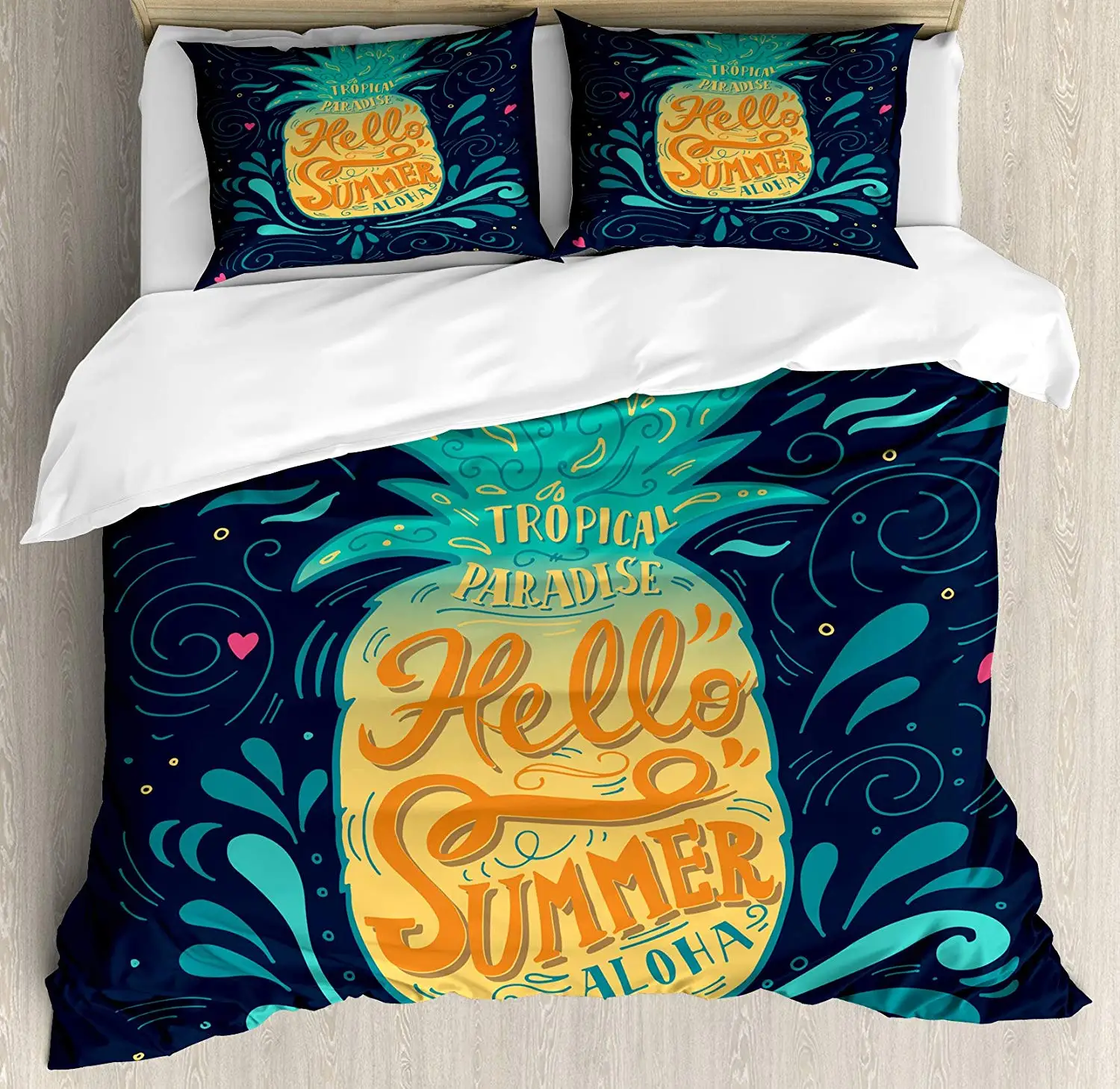 Тропический комплект пододеяльников с надписью Hello Summer ананас сердцами