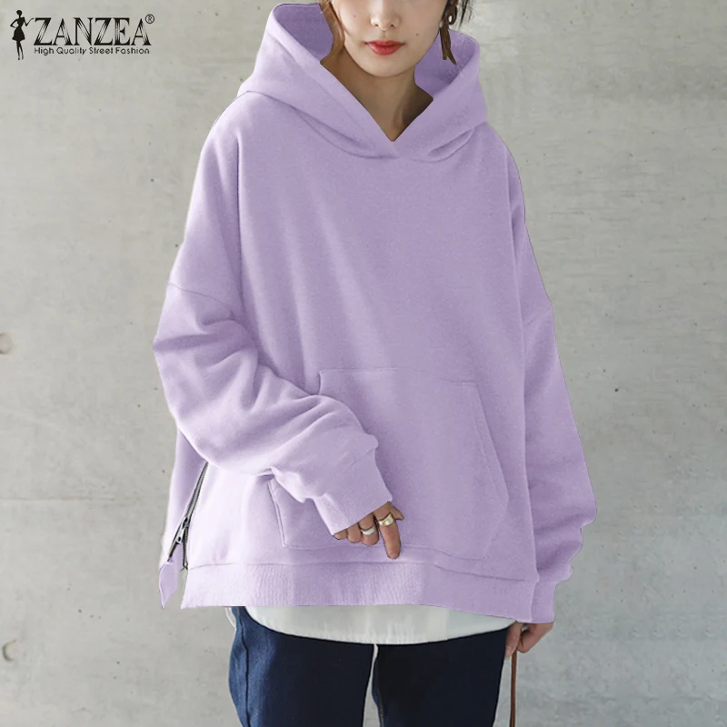 

ZANZEA Women Casual Long Sleeve Solid Pullover Sweatshirt O-Neck Hoodies Autumn Stylish Zipper Outwear Oversize Pocket Chic Coat