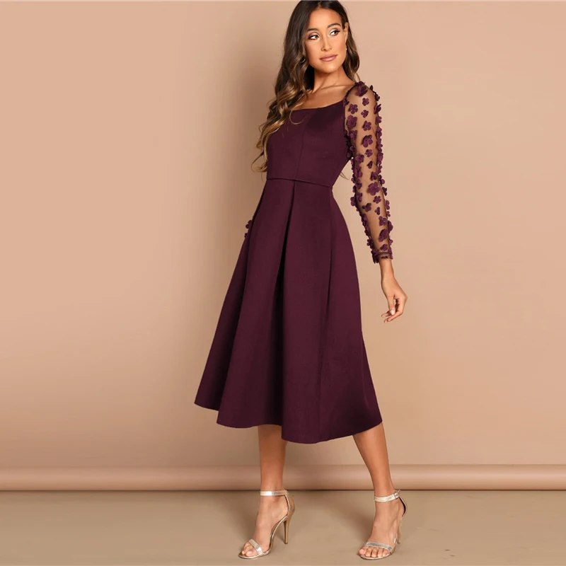 SHEIN Night Out Contrast Mesh Appliques Pleated Square Neck Knee Length Dress Autumn Modern Lady Workwear Women Dresses