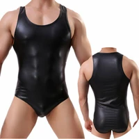 sexy mens undershirts one piece bodysuits leotard pu leather wetlook jumpsuits wrestling singlet bulge pouch briefs underwear