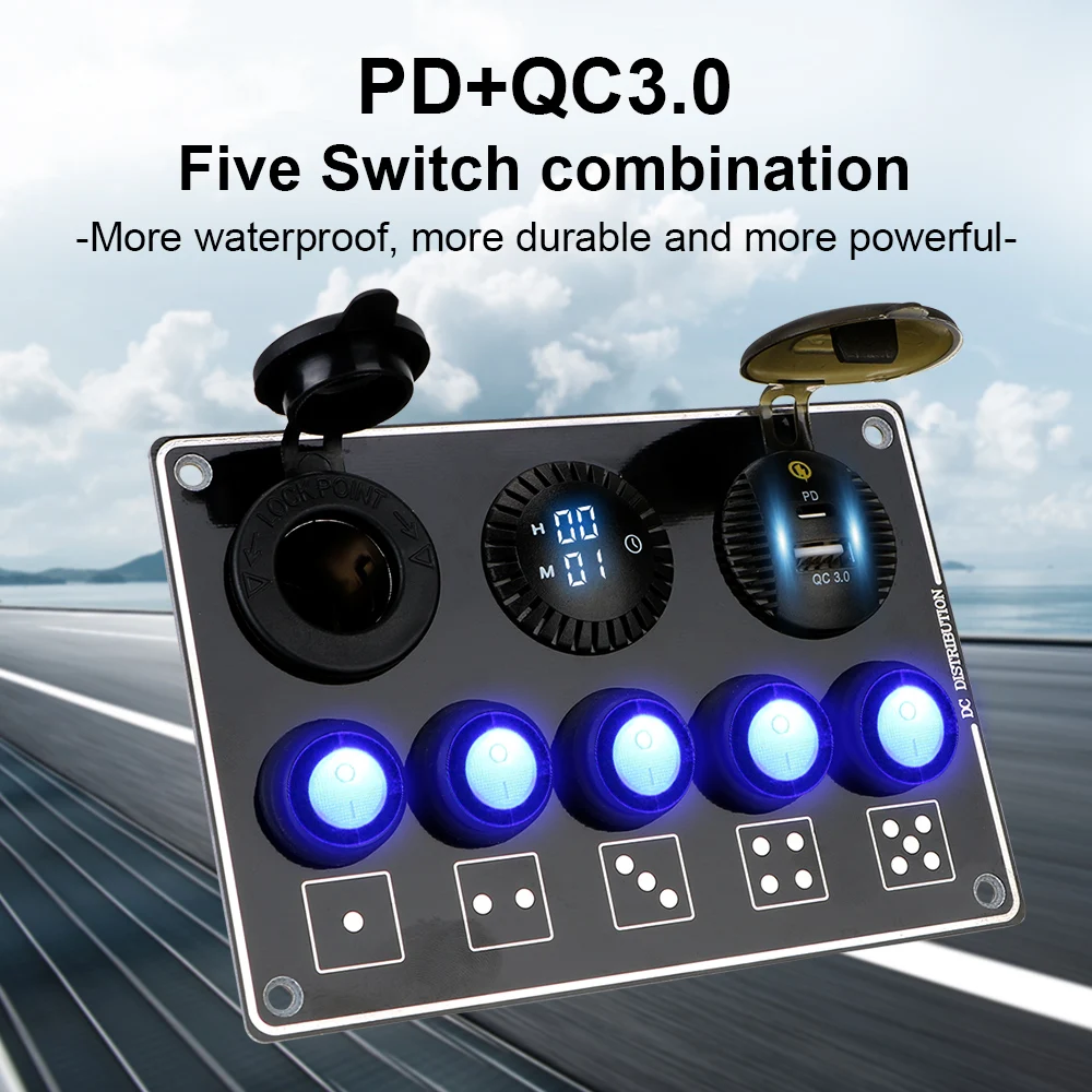 

LED Voltage Display Car Switch Panel 5 Gang For RV Car Marine 12/24V