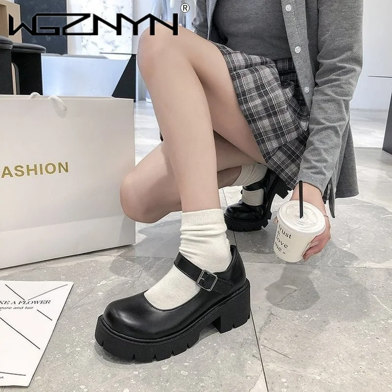 

Solid Leather Oxford Shoes Woman Japanese Vintage Women Shoes Buckle Strap Waterproof Platform Square Heels College Casual Shoes
