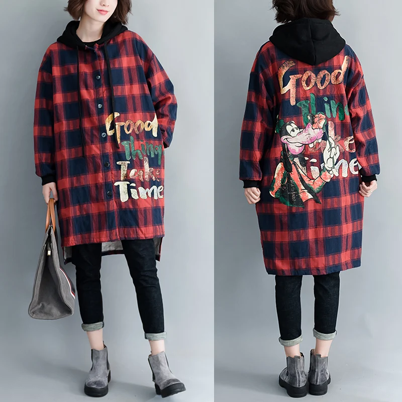 Осень зима 2019 женское длинное плотное красное клетчатое пальто из хлопка с