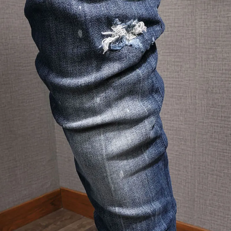 European Vintage Fashion Men Jeans Retro Dark Blue Slim Destroyed Ripped Jeans Men Painted Patchwork Designer Denim Punk Pants