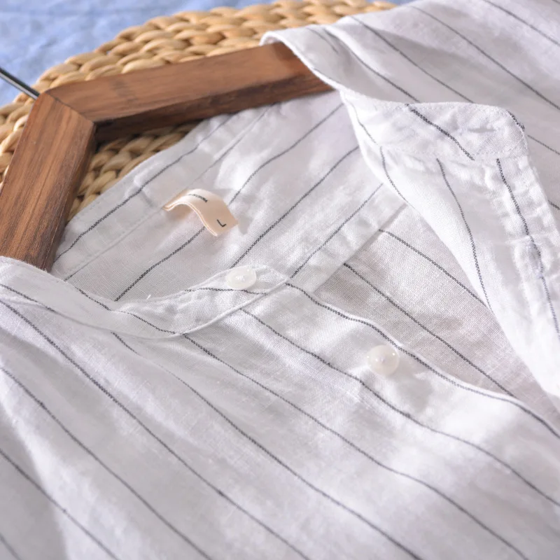 Рубашка Мужская льняная с воротником-стойкой модная сорочка полурукавами