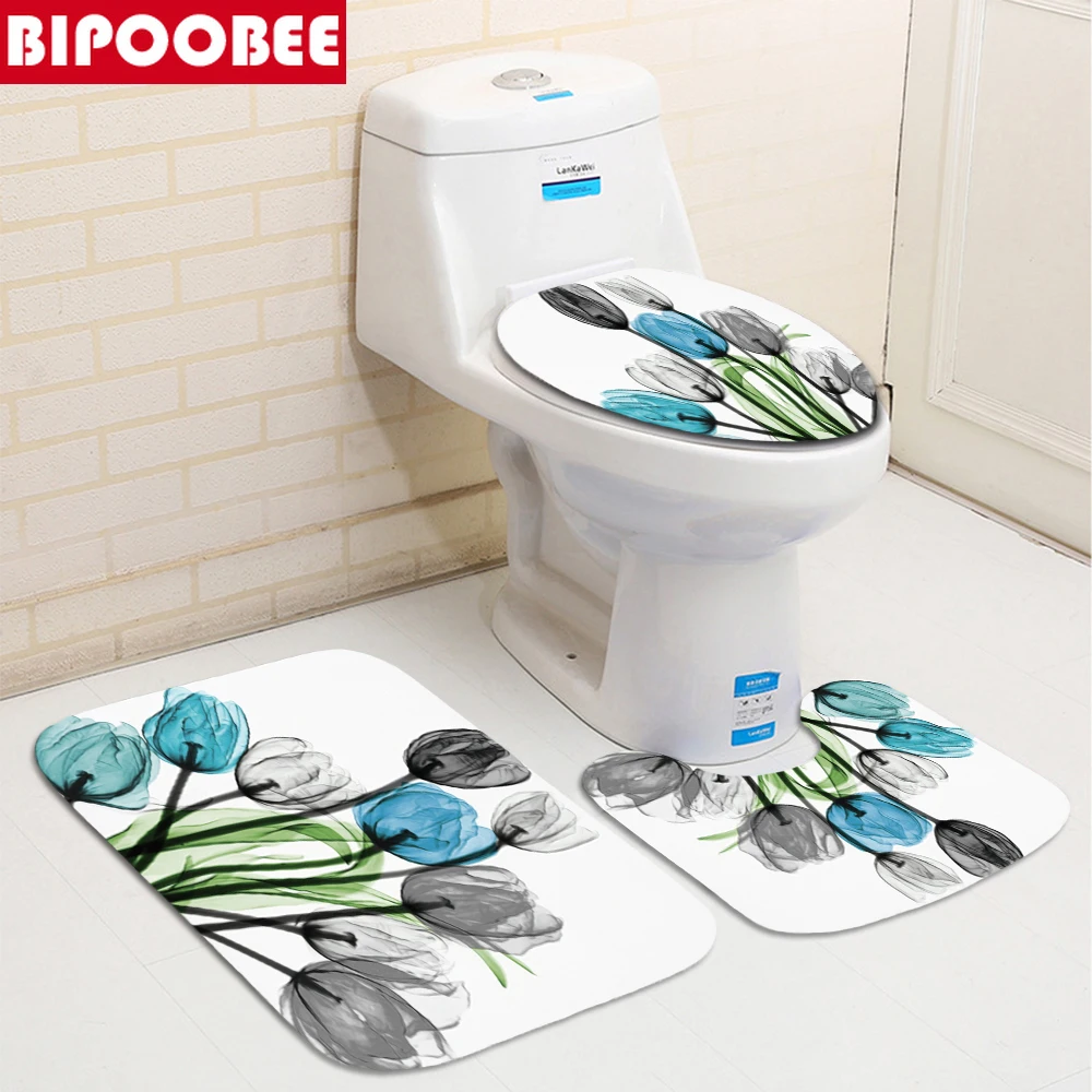 Цветные Нескользящие коврики с изображением тюльпанов лотосов деревьев душа