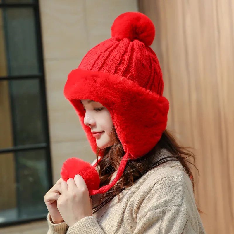 

Lei Feng hat women winter knitted warm fur ball earmuffs winter plus velvet thickened outdoor newsboy hat