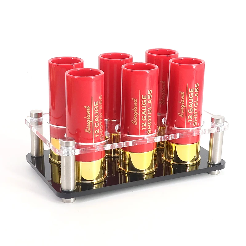 

Hunting Gift 12 Gauge Shotgun Shell Shot Glasses Set with Acrylic Cup Holder Tray for Barware Whisky Brandy Vodka Rum Tequila