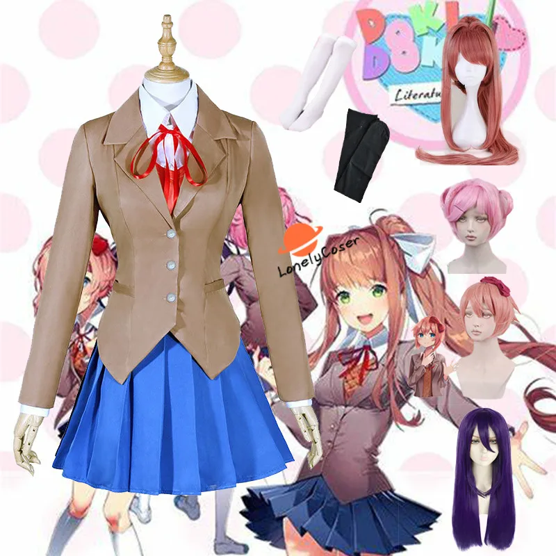 Костюм для косплея клуба парик Моника Sayori Natsuki Yuri пальто + рубашка галстук юбка