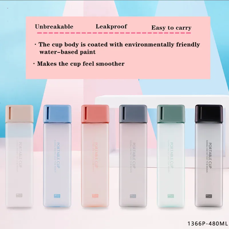 

New Square Frosted Plastic Water Bottle Portable Transparent Bottle Fruit Juice Leak-proof Outdoor Sport Travel Camping Bottle