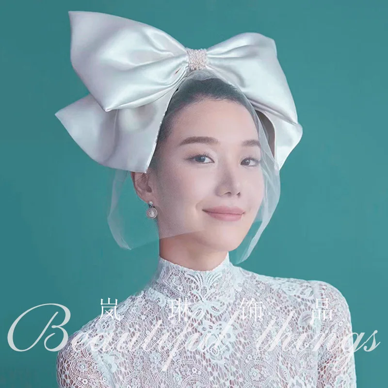 

fashion Korean bride headpiece sweet white satin big butterfly net gauze covering veil headdress jewelry women hair accessories