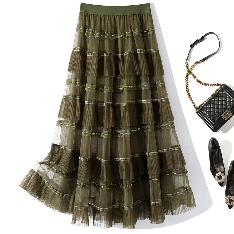 

Женская длинная юбка, универсальная сетчатая юбка, свободная плиссированная юбка макси с расширяющимся низом, юбки до пола на осень и зиму, ...