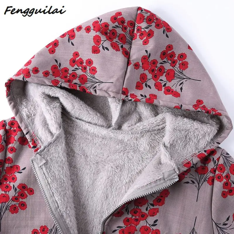 

Winter 5XL Plus Size Women Jackets Thick Warm Coats Female Retro Printed Loose Coat Casual Hooded Outwear Fleece Coats New