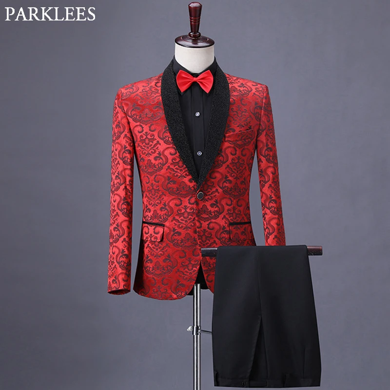 

Стильные свадебные костюмы с цветочным принтом для мужчин, новинка, 2 шт., красные мужские костюмы с брюками, сценический костюм для певицы, с...