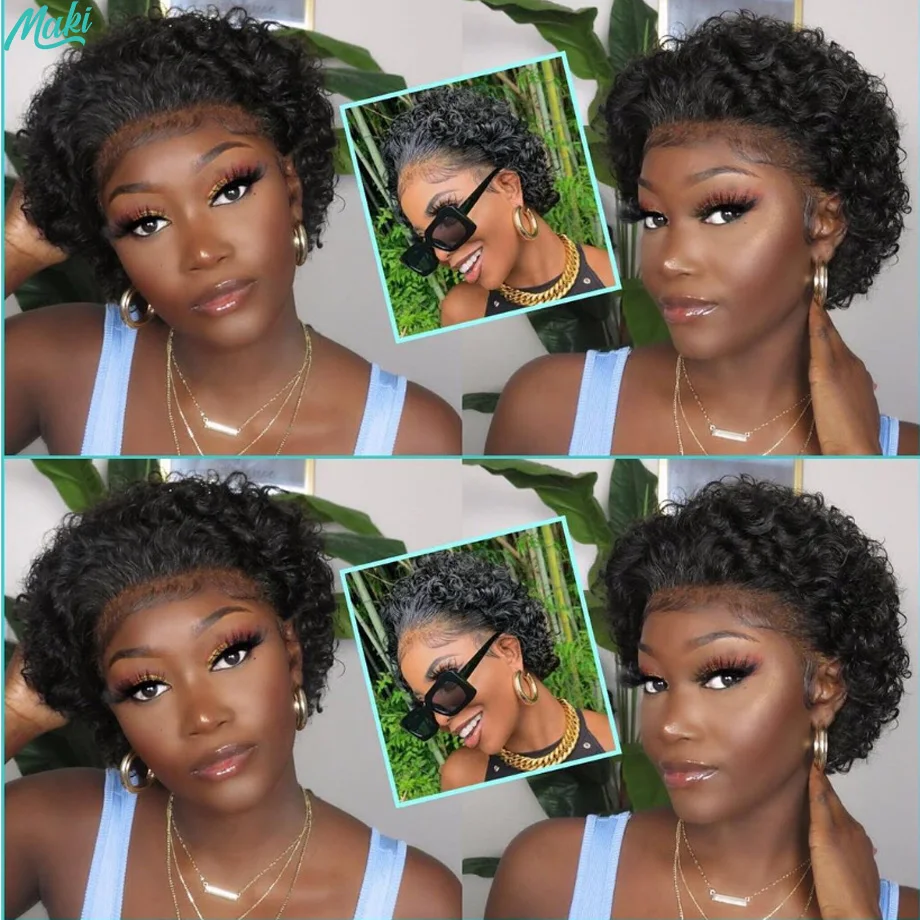 Short Curly Human Hair Wigs Pixie Cut Wig  Cheap Human Hair Wig 13X1 Transparent Lace Wig For Women Human Wigs Water Wave Hair