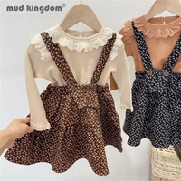 mudkingdom girls set solid lace turn down collar long sleeve tops floral strap dress outfits for girl 2pcs clothes spring autumn