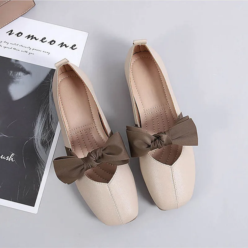Leather Square Toe Flats Ballet Shoes Women Slip on Shallow Mouth Loafers Soft Sole Non-slip New Moccasins Big Size Ladies Flats
