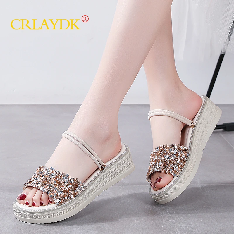CRLAYDK Women Wedge Slippers Sequins Design Platform Open Toe Strap Outdoor Walking Sandals Beach Casual Shiny Summer Shoes