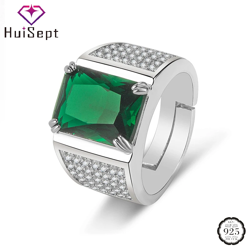 

HuiSept Trendy Men Ring 925 Silver Jewelry with Emerald Zircon Gemstones Open Finger Rings for Wedding Party Promise Accessories