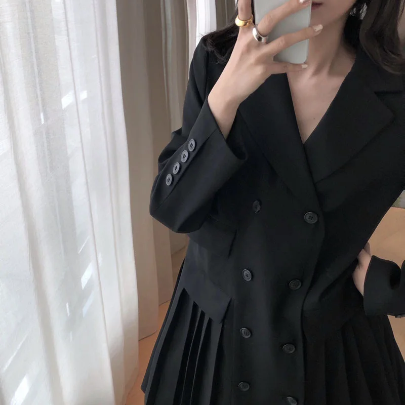 Autumn women's dress casual solid color pocket decoration stitching pleated suit dress|Женские платья| |