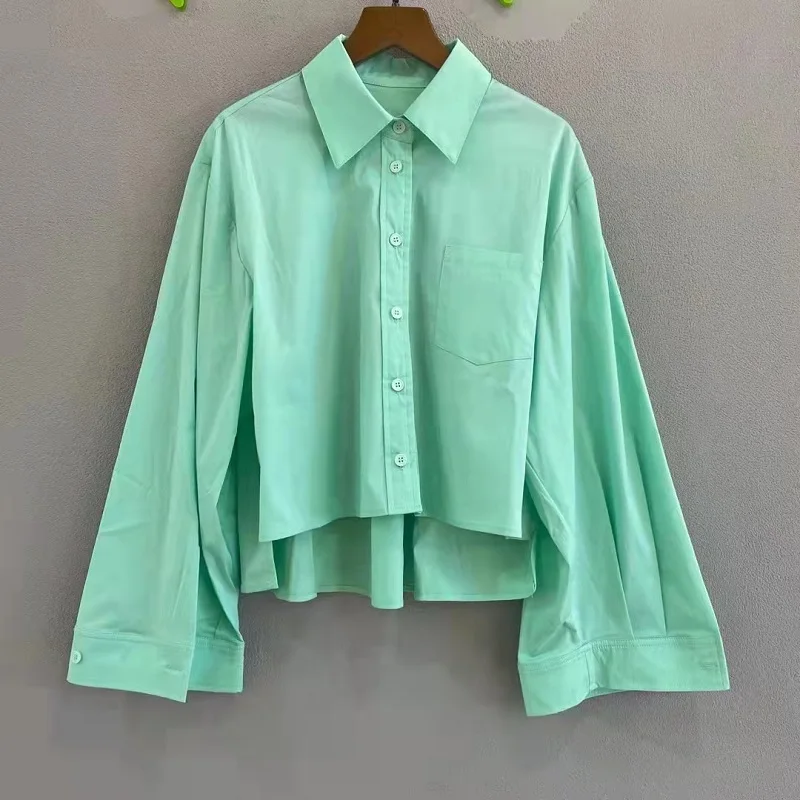 High Quality Cotton Blouses 2022 Spring Summer Fashion Shirt Women Turn-down Collar Flare Sleeve Casual White Green Black Blouse