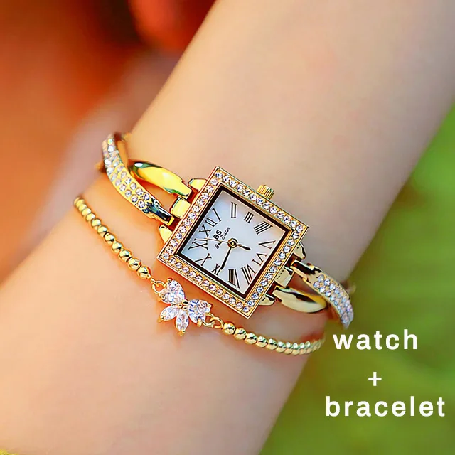 gold-with-bracelet Женские кварцевые часы Повседневное платье женские часы маленький циферблат горный хрусталь Квадратные наручные часы золотые женские часы Reloj Mujer - Цвет: gold-with-bracelet