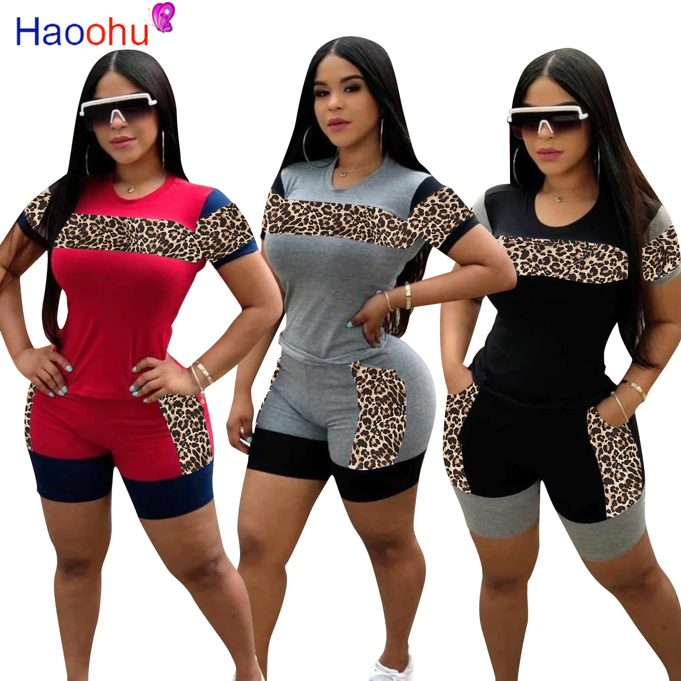 

HAOOHU Sport Leopard Splicing Women Set Two Pieces Set Tracksuit Crop Top Shorts Jogger Sweatpant Suit Outfit Matching Set